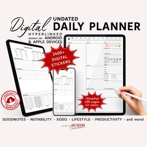 Könnte beinhalten: Ein digitaler Tagesplaner mit einem schwarz-weißen Design. Der Planer wird auf einem Tablet und einem Telefon angezeigt. Der Planer enthält ein Dashboard, einen Zeitplan, Notizen und einen Notizblock. Der Planer ist kompatibel mit Goodnotes, Notability, Xodo, Lifestyle, Productivity und mehr. Der Planer enthält über 3400 digitale Sticker.