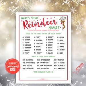 NATALE Come si chiama la tua RENNA? Gioco • Gioco di Natale Festa di Natale Giochi per le vacanze Gioco del bingo di Natale Giochi stampabili di Natale