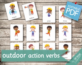 OUTDOOR ACTION VERBS • 12 Montessori Cards • Flash Cards  Nomenclature FlashCards   preschool Pdf Printable Cards