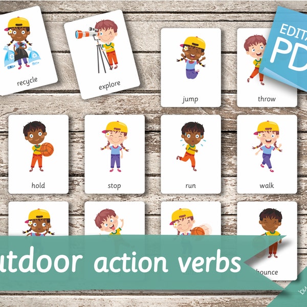 OUTDOOR ACTION VERBS • 12 Montessori Cards • Flash Cards  Nomenclature FlashCards   preschool Pdf Printable Cards