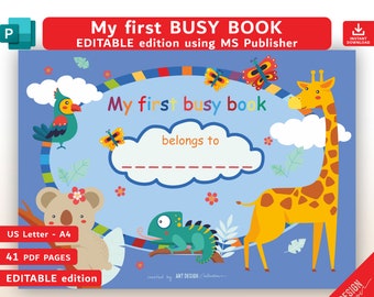 May include: A blue cover for a children's activity book with the title "My first busy book" and a space to write the name of the child. The cover features colorful illustrations of a giraffe, a koala, a chameleon, a parrot, and butterflies.