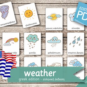 WEATHER GREEK Edition • 26 Greek and 26 English Editable Montessori Cards • Flash Cards  Nomenclature Cards preschool Pdf Printable Cards