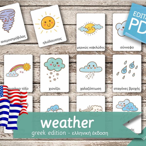 WEATHER GREEK Edition • 26 Greek and 26 English Editable Montessori Cards • Flash Cards  Nomenclature Cards preschool Pdf Printable Cards