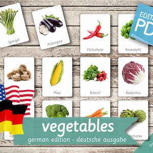 VEGETABLES GERMAN Edition (real pictures) • 46 German and 46 English Editable Montessori Cards • Flash Cards Nomenclature Card Pdf preschool