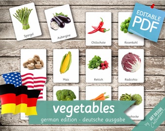 VEGETABLES GERMAN Edition (real pictures) • 46 German and 46 English Editable Montessori Cards • Flash Cards Nomenclature Card Pdf preschool