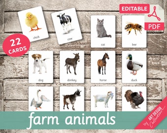 FARM ANIMALS • 22 Editable Montessori Cards • Flash Cards  Nomenclature FlashCards PDF Printable Cards preschool Toys Flashcard