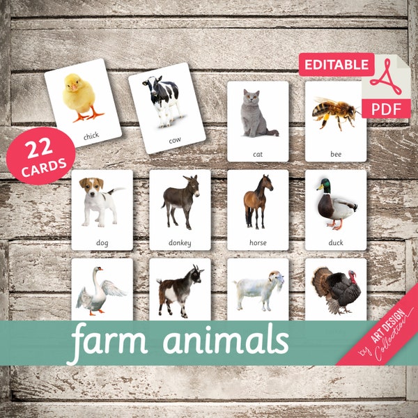 FARM ANIMALS • 22 Editable Montessori Cards • Flash Cards  Nomenclature FlashCards PDF Printable Cards preschool Toys Flashcard