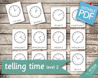 TELLING TIME (level 2) • 144 Editable Montessori Cards • Time Flash Cards  Nomenclature Cards  Editable PDF Printable Clock Cards preschool