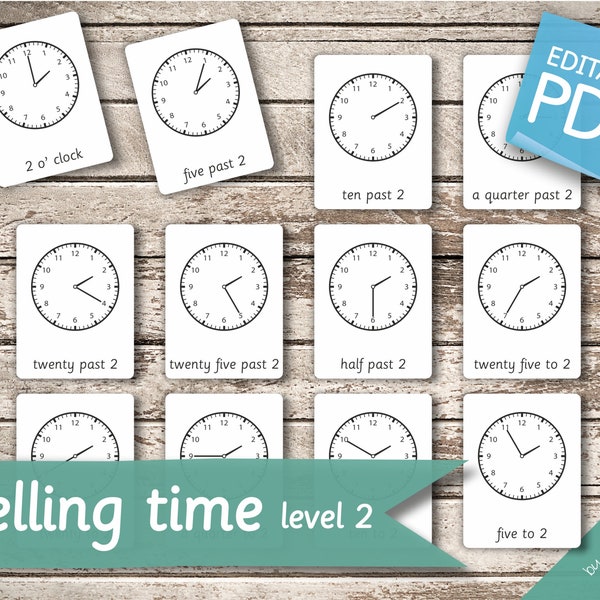 TELLING TIME (level 2) • 144 Editable Montessori Cards • Time Flash Cards  Nomenclature Cards  Editable PDF Printable Clock Cards preschool