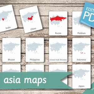 ASIA MAPS • 48 Editable Montessori Cards • Flash Cards  Nomenclature FlashCards  Editable Pdf Printable Cards preschool Toys