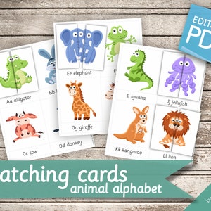 ALFABETO DE ANIMAIS CORRESPONDENTES • 26 Cartões Montessori • Cartões Flash Nomenclatura FlashCards PDF editável Cartões imprimíveis pré-escola
