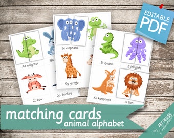 MATCHING ANIMAL ALPHABET • 26 Montessori Cards • Flash Cards Nomenclature FlashCards Editable Pdf Printable Cards preschool