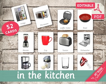 IN THE KITCHEN (real pictures) • 52 Editable Montessori Cards • Flash Cards Nomenclature Cards Pdf Printable Cards Montessori Toys preschool