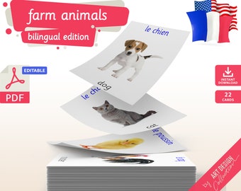 FARM ANIMALS BILINGUAL • 22 Editable Montessori Cards • Flash Card   Nomenclature FlashCards Pdf Printable Cards preschool Toys flash cards