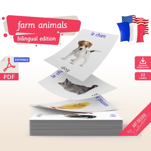 FARM ANIMALS BILINGUAL • 22 Editable Montessori Cards • Flash Card   Nomenclature FlashCards Pdf Printable Cards preschool Toys flash cards