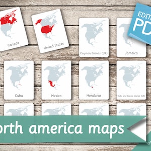 NORTH AMERICA MAPS • 42 Montessori Cards • Flash Cards  Nomenclature FlashCards  Editable Pdf Printable Cards preschool