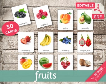 FRUITS (images réelles) • 50 cartes Montessori modifiables • Cartes Flash Nomenclature FlashCards Cartes imprimables Pdf Jouets Montessori préscolaires