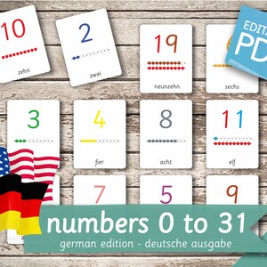 NUMBERS 0 to 31 GERMAN Edition • 32 German and 32 English Editable Montessori Cards • Flash Cards Nomenclature Cards preschool Pdf Printable