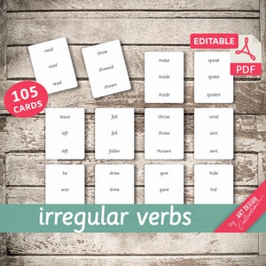 VERBES IRRÉGULIERS • 105 cartes Montessori • Cartes Flash Cartes Flash de nomenclature Pdf modifiables Cartes imprimables préscolaire