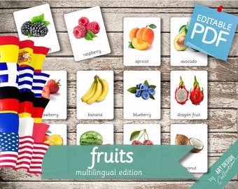FRUITS MULTILINGUAL Edition • 50 English, French, German, Greek, and Spanish Editable Montessori Cards • Nomenclature FlashCards preschool