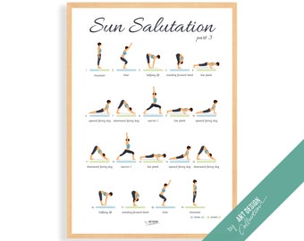 May include: A printable yoga poster with illustrations of a woman demonstrating the poses for Sun Salutation part 3. The poses are numbered 1 through 19 and include mountain, chair, halfway lift, standing forward bend, low plank, upward facing dog, downward facing dog, warrior 1, and more. The poster includes the text "Sun Salutation part 3" and "inhale" and "exhale" next to the final two poses.