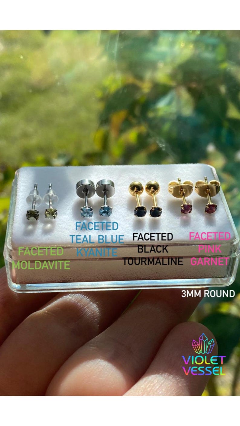 100% Natural Crystal Earring Studs, Hypoallergenic 316L Surgical Steel | 3mm faceted Gemstone | body jewelry | 40+ Gemstone Options image 1
