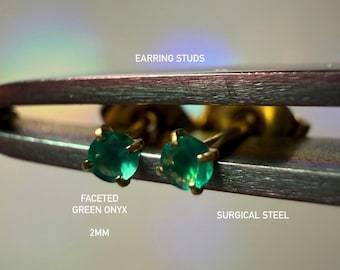 2mm (dainty) Faceted, All Natural Crystal (Gemstone) Earring Studs, Silver or Gold, Surgical Steel, hypoallergenic, screw-on or metal backs