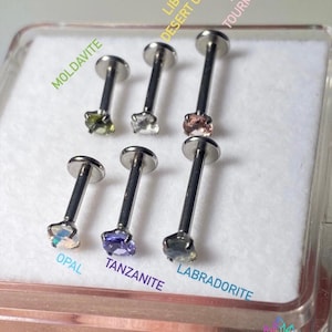 Puede incluir: Seis piercings labret de metal con piedras preciosas engastadas en un estuche transparente. Las piedras incluyen moldavita verde, vidrio del desierto libio, turmalina rosa, ópalo iridiscente, tanzanita morada y labradorita gris. Texto VIOLET VESSEL.