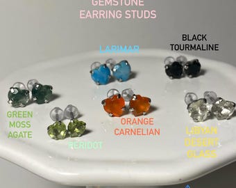 Heart Shape Gemstone Earring Studs, made with Natural crystals, Silver or Gold, Surgical Steel, hypoallergenic, screw-on or metal backs