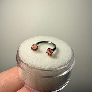 Peut inclure: Un bijou de corps en forme de fer à cheval circulaire doté d'une tige en métal argenté poli. Chaque extrémité de l'anneau ouvert est terminée par une petite pierre précieuse ronde à facettes de couleur pêche, fixée par quatre griffes.