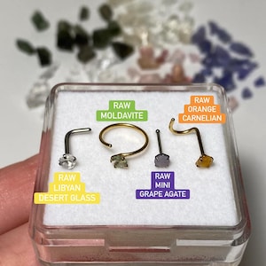 Raw Crystal Nose Stud options, raw carnelian, raw tanzanite, raw libyan desert glass, raw herkimer diamond, raw pink tourmaline