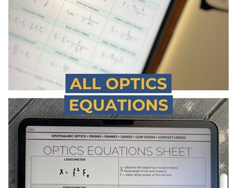 Puede incluir: Primer plano de la pantalla de una tableta que muestra una hoja de ecuaciones de óptica. Las ecuaciones están organizadas en categorías, que incluyen lensómetro, queratometría y óptica oftálmica. El texto en la pantalla dice "Optics Equations Sheet".
