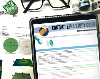 Puede incluir: Primer plano de la pantalla de una tableta que muestra una guía de estudio de lentes de contacto. La guía incluye información sobre los diferentes tipos de lentes de contacto, los horarios de uso y los programas de reemplazo. El texto en la pantalla dice "Guía de estudio de lentes de contacto".
