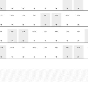 May include: A minimalist calendar grid with rows of dates and days of the week. The numbers 13 through 21 are displayed across the top of each row. Days of the week are abbreviated. The calendar is in shades of gray and white.