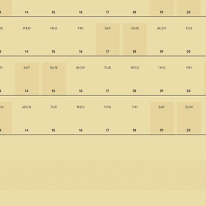 May include: A beige calendar with a grid layout, displaying dates and days of the week. The calendar features multiple rows of dates from 13 to 21, with corresponding days like Tuesday, Wednesday, and Thursday. The design is simple and functional.