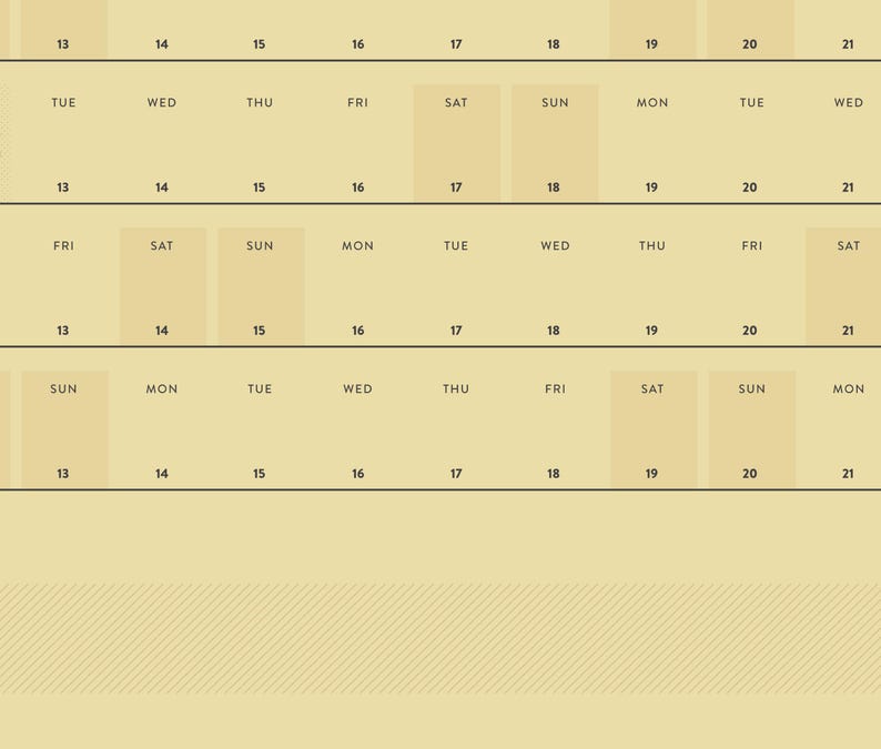May include: A beige calendar with a grid layout, displaying dates and days of the week. The calendar features multiple rows of dates from 13 to 21, with corresponding days like Tuesday, Wednesday, and Thursday. The design is simple and functional.