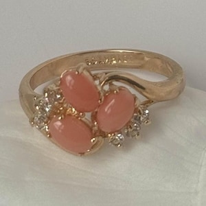 18k Gold Plated Vintage Coral Ring, Swarovski Crystals, Antique Ring, Mid Century Ring, Antique Jewelry, Gift For Wife