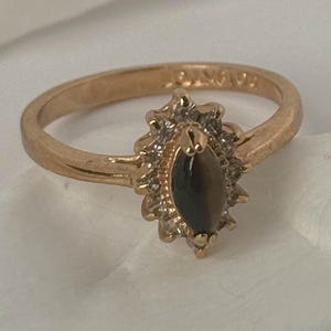 18k Gold Plated Vintage Tiger Eye Ring, Swarovski Crystals, Vintage Ring, Mid Century Ring, Costume Jewelry, 70s Women&#39;s Ring. Size 9