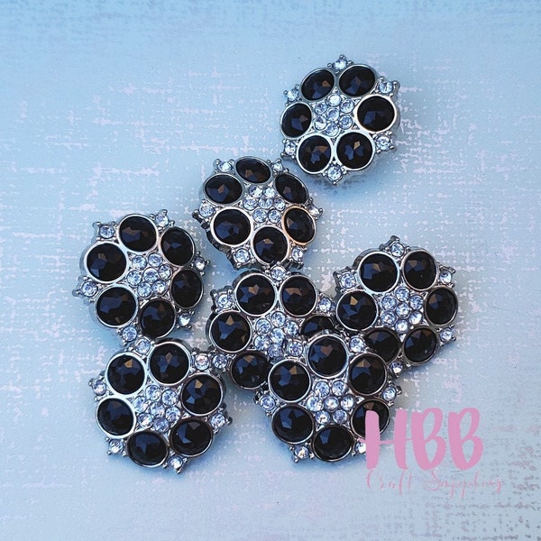 6 Rhinestone Buttons - 25mm Buttons - Black / Clear - Acrylic Buttons - Plastic Buttons