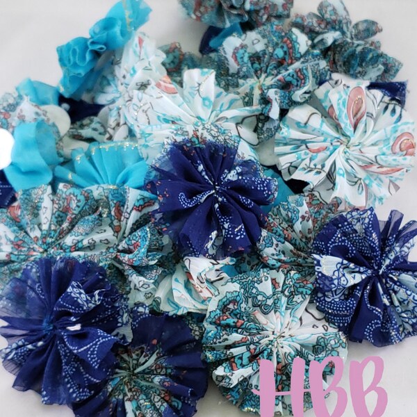 2.5" Peacock Print Chiffon Ballerina Flowers - Blue Paisley Chiffon Twirl Flowers - Small Headband Flowers - DIY Flowers - Navy Blue White