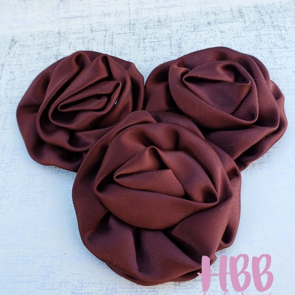 Chocolate 3" Satin Rolled Rosette -Dark Brown Satin Rolled Flower - Brown Satin Fabric Flower - Flowers for Headband - Flower for Hair Clip