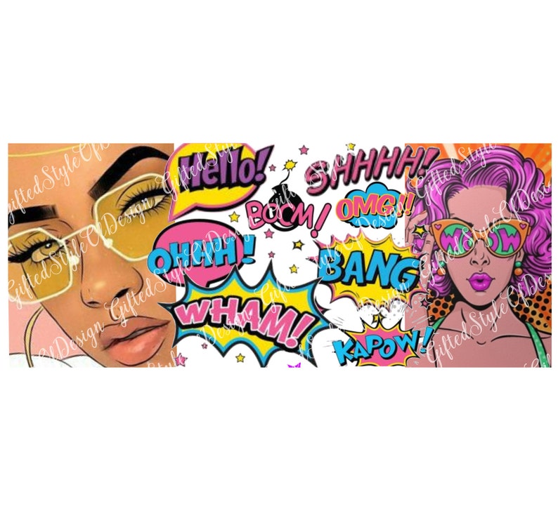 May include: A colorful graphic design featuring two women with bold makeup and sunglasses. The background is filled with comic book style speech bubbles with words like "Hello!" "SHHHH!" "BOOM!" "OMG!" "WHAM!" "BANG!" and "KAPOW!"