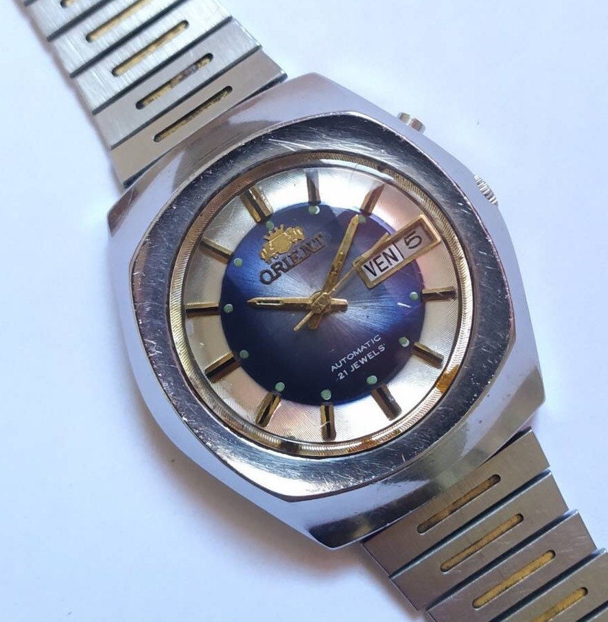 Vintage ORIENT Automatic Watch Mens Blue Dial Day Date 21 | Etsy
