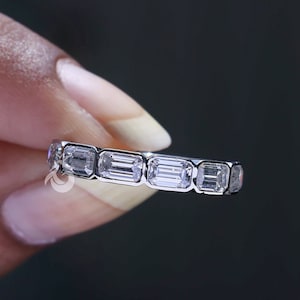 Emerald Cut Bezel Set Wedding Band,Emerald Moissanite East West Setting Engagement Ring,14k Solid tappred shank Half Eternity Wedding Band
