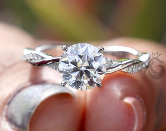 Twisted Round Cut Moissanite Ring, 1.56 CT Round Moissanite solitaire Ring,Round Diamond accented Engagement Ring,twisted style Wedding Ring