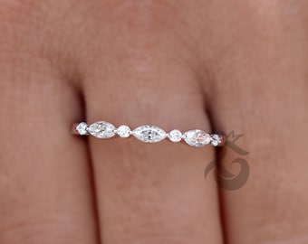 Alliance en moissanite en alternance, 0,35 TCW Marquise et alliance en moissanite incolore coupe ronde, demi-alliance éternelle, alliance empilable