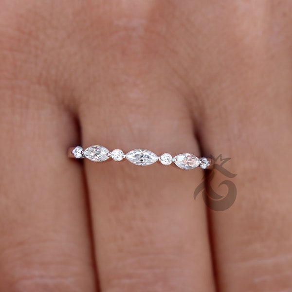 Alternating Moissanite wedding Band, 0.35 TCW Marquise and Round Cut Colorless Moissanite matching Band,half Eternity Band,Stackable Band