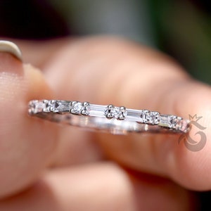 Baguette and Round Colorless Moissanite Wedding Band,full Eternity matching Band, 10K/14K White Gold Band,Stackable Band,Anniversary Gifts