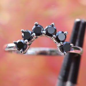 Vintage Black moissanite  Wedding Band women white gold band Antique stacking matching ring unique curved wedding anniversary promise ring