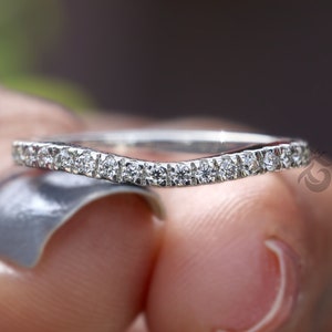 Colorless Round Moissanite Diamond Curved Wedding Band,Dainty 10K White Gold Matching Band, curve Anniversary Delicate Promise Ring for her